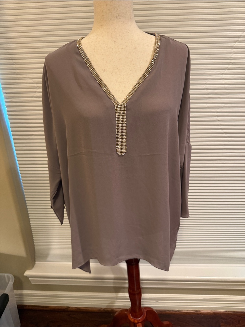 Boston Proper Taupe V-Neck Tunic with Rhinestone Trim